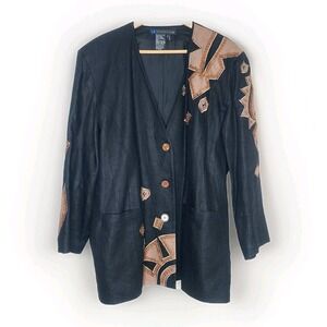 Vtg 90s IB Diffusion Linen Blazer Jacket Womens 14 Black‎ Brown Tribal Design